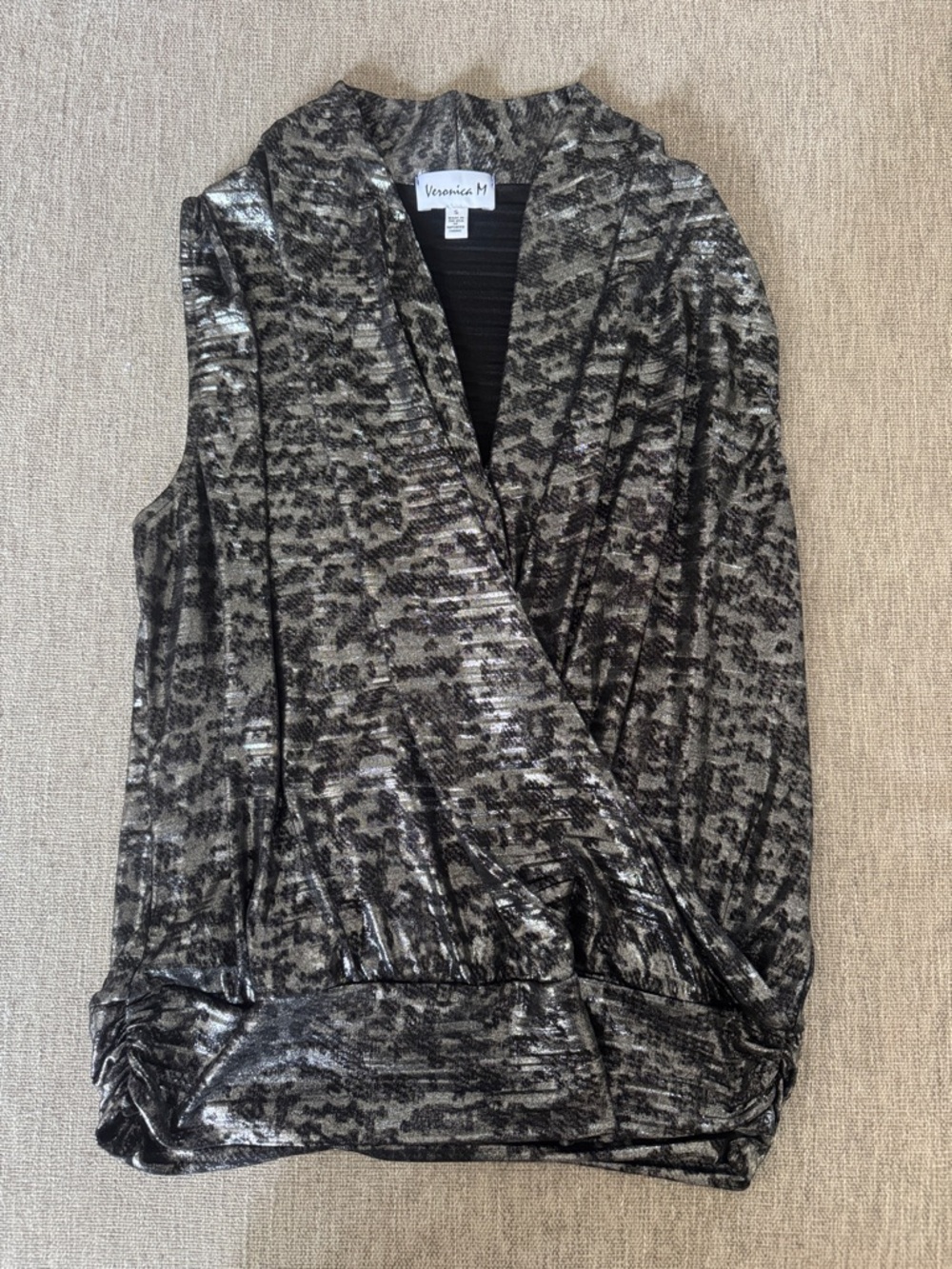 Veronica M Black & Silver Metallic Sleeveless Wrap-Front Top